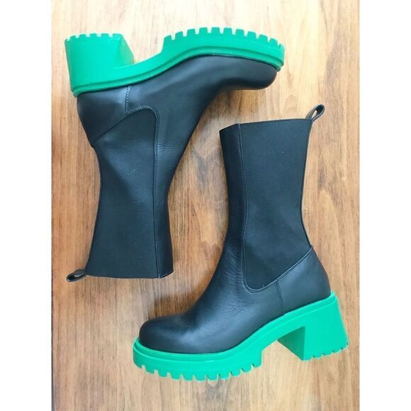 STEVE MADDEN Hesitant Black Leather Platform Boot Midi Green Lug Sole Size 6 New - Picture 9 of 15